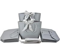 SHIBA-Lot de 12 sacs cadeaux avec poignées, sacs à dragées avec n?ud en ruban, sacs en papier gris pour anniversaire, mariage, dem[5