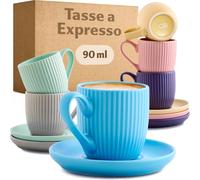 SHIBA-Tasse à Café Expresso avec Anse - 6 Tasses 90ml avec Soucoupes - Motif Unique à rayures - Céramique Couleur Pastelle Mate - [8