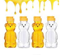 Shibida 4 Pièces Distributeur Miel Ours Pot,250ml Pots à Miel Mini Ours Plastique avec Couvercle à Clapet,Transparent Petit pot Confiture Miel à Charnière le Parfait Bocaux pour Stockage