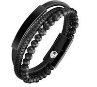 SHIEAGLELD Bracelet Homme Cuir Bracelets pour Homme avec Magnetique Boucle en Acier Inoxydable et Boîte à Bijoux Bracelet Exclusive pour l'idée de Cadeaux pour Hommes, Noir 20.5CM