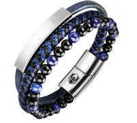 SHIEAGLELD Bracelet Homme Cuir Bracelets pour Homme avec Magnetique Boucle en Acier Inoxydable et Boîte à Bijoux Bracelet Exclusive pour l'idée de Cadeaux pour Hommes, Bleu et Argent 18.5CM