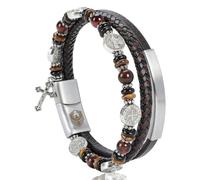 SHIEAGLELD Bracelet Homme en Cuir, Bracelet Catholique avec Croix Médaille et St Benoît pour Homme, Bracelets en Œil De Tigre, Cadeau Spirituel pour Père Petit ami Frère, Marron 20CM