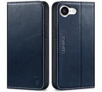 Shieldon Coque Portefeuille pour iPhone 17e/16e 5G, Étui à Rabat en Cuir Véritable [Porte-Cartes][Béquille][Blocage RFID] Étui de Téléphone Compatible avec iPhone 17e/16e 6.1" 2026 - Bleu Foncé Rétro