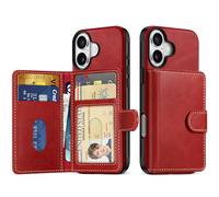 Shieldon Coque pour iPhone 16 6,1" 2024, Porte-Cartes en Cuir Véritable, Portefeuille Magnétique, Housse Non Détachable, Antichoc, Leather Wallet Case Compatible avec iPhone 16 - Rouge Rétro