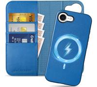 Shieldon Coque pour iPhone 17e/16e 5G 6.1", Étui Portefeuille Amovible en Cuir Véritable 2 en 1 [Porte-Cartes][Blocage RFID][Béquille] Étui à Rabat Magnétique pour iPhone 16e/17e 2026 - Bleu Saphir
