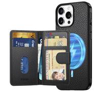 Shieldon Étui en Cuir Véritable pour iPhone 16 Pro Max + Porte-Cartes Amovible avec Blocage RFID avec Emplacements pour Cartes, Coque Magnétique Compatible avec iPhone 16 Pro Max - Noir Grain Litchi