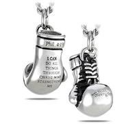 Shields of Strength Collier avec pendentif gant de boxe plaqué or 14 carats ou acier inoxydable pour homme Philippiens 4:13 Verse de la Bible, 18 inch, Acier inoxydable, Pas de gemme