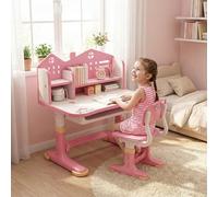 Shienfir Bureau d'étude réglable en hauteur pour enfants, chaise de bureau pour enfants avec panneau arrière château, support de livre élargi et tiroir de rangement ergonomique pour enfants pour étude
