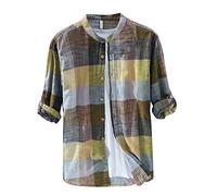 ShiFan Chemise A Carreaux Homme Col Mao Manches Longues Top en Lin Vert L