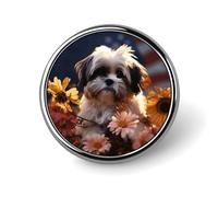 Shih Tzu Badge rond en métal personnalisé en forme de chien et de fleurs pour vêtements, sacs, chapeaux, décorations de fête, accessoires pour homme et femme