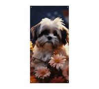 Shih Tzu Bannière de couverture de porte motif chien et fleurs 90 x 180 cm Bannières de fête Panneau de bienvenue saisonnier Décoration verticale à suspendre pour porche, entrée, jardin