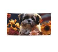Shih Tzu Bannière murale personnalisée avec œillets - Toile de fond pour fête d'anniversaire, mariage, extérieur et intérieur - Taille M