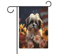 Shih Tzu Drapeau de jardin avec chien et fleurs - Bannière double face - Petits drapeaux personnalisés pour piscine, cour, extérieur - Décoration murale - 32,6 x 47,5 cm
