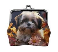 Shih Tzu Petit porte-monnaie en cuir pour femme Motif chien et fleurs