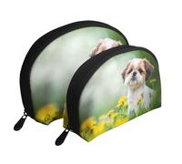 Shih Tzu Petits Chiens Mignons Chiot Bouclé Animaux Champ, Trousse de Maquillage Coquille Femme Petit Porte-Monnaie Trousse de Toilette Trousse à cosmétiques 2 pièces