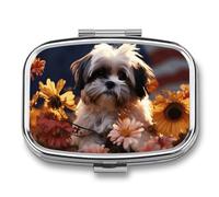 Shih Tzu Pilulier carré portable avec 2 compartiments Motif chien et fleurs