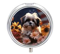 Shih Tzu Pilulier de voyage en métal étanche et portable avec 3 compartiments Motif chien et fleurs