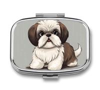 Shih Tzu Pilulier portable à 2 compartiments pour chien, pilulier carré pour poche, sac à main, récipient à médicaments quotidien pour contenir des vitamines, de l'huile de poisson, cadeau de voyage