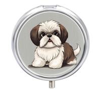 Shih Tzu Pilulier portable à 3 compartiments pour chien, organiseur de pilules rond pour poche, sac à main, récipient à médicaments quotidien pour contenir des vitamines, de l'huile de poisson, cadeau