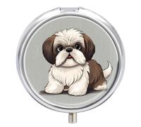 Shih Tzu Pilulier pour chien à 3 compartiments avec miroir pour sac à main et poche, organiseur de médicaments de voyage, récipient à médicaments quotidien, boîte à médicaments ronde en métal
