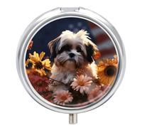 Shih Tzu Pilulier rond portable à 3 compartiments Motif chien et fleurs Idéal pour ranger des vitamines, de l'huile de poisson, des cadeaux de voyage