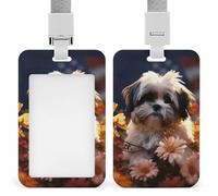 Shih Tzu - Porte-badge vertical en forme de chien et de fleurs - Étanche - Avec cordon amovible durable - Pour enseignants de bureau, d'usine