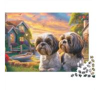 Shih Tzu Puzzle Adulte Cottage au Bord d'un Canal 1000 Pcs Papier Épais pour La Famille Facile À Assembler Activité Parent-Enfant Cadeau De Noël Haute Qualité 52x38cm/1000pcs