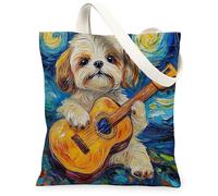 Shih Tzu Sac fourre-tout en toile pour faire du shopping Motif chien 33 x 38,1 cm Motif guitare nocturne étoilée Sac à bandoulière réutilisable pour femme, animal de compagnie, chiot