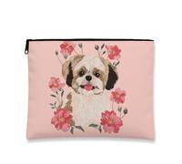 Shih Tzu Trousse de maquillage florale avec motif chien mignon brodé Pochette de voyage pour femme, organiseur portable en toile avec fermeture éclair, choix parfait pour les amoureux des animaux