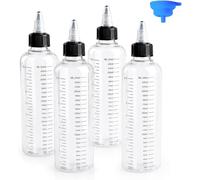 ShiJiuYou Set de 4 flacons doseurs 250ml avec entonnoir | Bec de précision pour un dosage exact - parfait pour décorer desserts, salades et burgers, sans gouttes ni gaspillage.