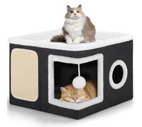 Shikha Lits d'intérieur Pliables pour Chat, 43 x 43 x 32 cm, Grande Maison pour Chat avec Niche Confortable, Boule Suspendue, fenêtre Ronde, Cube pour Chat à 2 Niveaux avec Coussins Doux Double Face