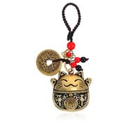 Shimmeroo Breloques en laiton en forme de chat Maneki Neko pour sacs à main, porte-clés chat porte-bonheur avec pièces Feng Shui, porte-clés pour richesse et porte-bonheur, pompon porte-bonheur