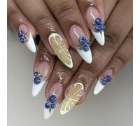Shimmerz 24 pièces Amandes Autocollants Ongles longueur moyenne Été Faux ongles avec motifs de citrons et myrtilles en 3D doux onglets acryliques brillants pour femmes