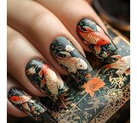 Shimmerz 24 pièces de jolis ongles de longueur moyenne noirs avec design de poissons Koï chanceux ongles en acrylique exquis poisson chanceux sur ongles ornement de manucure