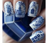 Shimmerz 24 pièces Design d'art d'ongle en porcelaine bleue et blanche Fleurs porte-bonheur Style chinois Porcelaine bleue et blanche Design d'ongle de serpent