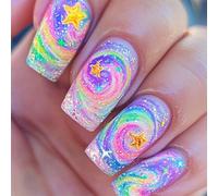Shimmerz 24 pièces motif tourbillon étoilé ongles pressés carrés moyens faux ongles autocollants irisés ongles en gel mignons pour femmes