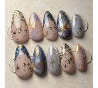 Shimmerz 24 Pièces Ongles Pressés 3D Or Étoiles et Lune Forme Amande Moyenne Ongles Artistiques avec Effet Œil de Chat Or Paillettes Faux Ongles pour Femmes