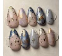 Shimmerz 24 Pièces Ongles Pressés 3D Or Étoiles et Lune Forme Amande Moyenne Ongles Artistiques avec Effet Œil de Chat Or Paillettes Faux Ongles pour Femmes