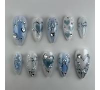 Shimmerz 24 pièces Stickers à ongles nœud bleu taille moyenne amande avec strass en forme de cœur argenté dégradé bleu