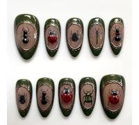 Shimmerz 30 pièces d'ongles faux d'été en amande moyenne avec motifs d'insectes atlas, autocollants d'insectes 3D, ongles rétro pour femmes