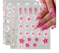 Shimmerz 4 feuilles de stickers pour ongles fleurs relaxation printanière lys nail art 3D fleurs en relief gabarits étoiles dorées cerisier pour déco d'ongles DIY