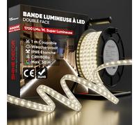 Shine Decor Bande LED 15m, 14w/m, 1700lm/m, 240LED/m Ultra Haute Luminosité, Éclairage des deux côtés, étanche IP65, Extensible Jusqu'à 50m pour la construction, le garage, le jardin (avec Enrouleur)