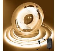 ShineBurky COB Ruban LED 5M Blanc Chaud, 12V Bande LED 5 Mètres avec Gradateur Tactile Bande Lumineuse LEDs Flexible pour Intérieur Extérieur Chambre TV Noël Décoration (Avec Adaptateur Secteur)