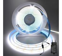 ShineBurky COB Ruban LED 5M Blanc Froid, 12V Bande LED 5 Mètres avec Gradateur Tactile Bande Lumineuse LEDs Flexible pour Intérieur Extérieur Chambre TV Noël Décoration (Avec Adaptateur Secteur)
