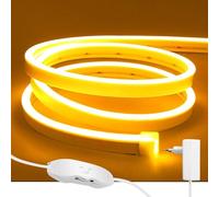ShineBurky Ruban LED Néon 5 Mètres Jaune, 12V 5M Bande LED Imperméable IP65 Dimmable Bandeau Lumineux LED Flexible pour Intérieure Extérieure Chambre Noël TV Décoration [Avec Adaptateur Secteur]