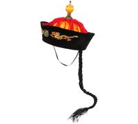 SHINEOFI Chapeau Empereur Chinois Oriental Style Qing à Queue de Cheval Tressée Accessoire Cosplay Décoratif pour Fête et Spectacle Couvre-Chef Noir Bordé pour Adulte Coiffure