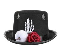 SHINEOFI Chapeau Haut-de-forme Gothique D'halloween Orné D'une Main de Squelette Et D'une Rose Rouge, Chapeau Noir pour La Fête Des Morts, Déguisement, Coiffe Steampunk