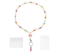 SHINEOFI Lanière Porte-badge en Bois avec Perles Colorées, Anneau Porte-clés à Dégagement Rapide, Porte-carte Vertical et Horizontal, 3 Pièces pour Enseignant et Bureau, Accessoire