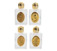 SHINEOFI Lot de 4 Bouteilles d'eau Bénite en Verre Catholique 15 ML Motifs en Alliage Doré en Relief Petit Récipient Décoratif pour Mariage Baptême et Voyage Religieux Bouchon Étanche