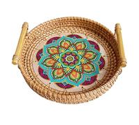SHINEOFI Plateau de Service en Rotin Tissé Main avec Poignée, Motif Mandala Coloré, Diamètre 24 Cm, Plateau Décoratif Multifonction pour Apéritif, Rangement et Présentation,